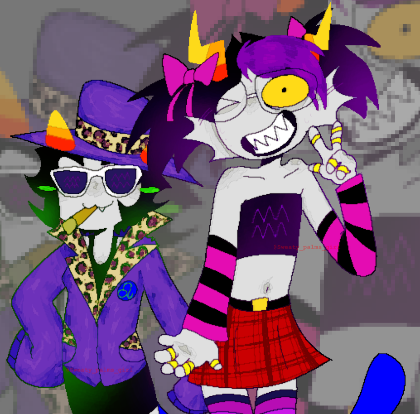 2025 blush crossdressing eridan_ampora fashion formal fullres glasses_added hat ihavesweatypalms6 march_eridan nepeta_leijon pimp shades_of_aquarius smiling_eridan smoking wonk