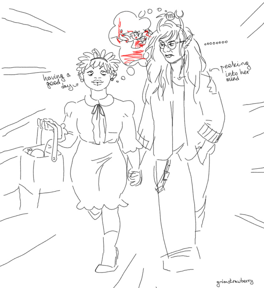 2023 blood blue_rose body_modification grimstrawberry highlight_color holding_hands lineart mind_control monochrome redrom rose_lalonde shipping thought_balloon vriska_serket