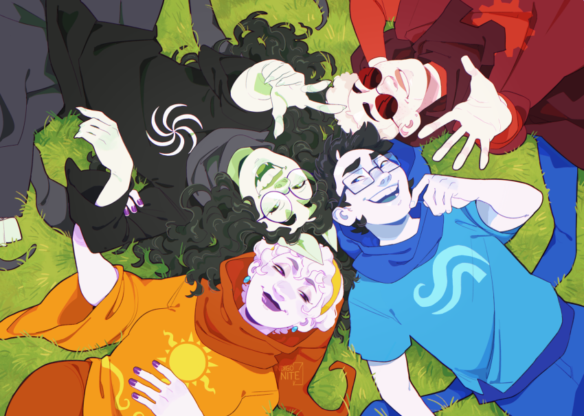 2024 alternate_hair beta_kids breath_aspect dave_strider fullres godtier heir high_angle indigonite jade_harley john_egbert knight light_aspect lying rose_lalonde seer space_aspect time_aspect witch