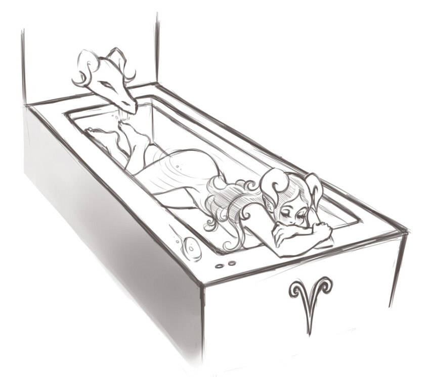2011 aradia_megido barefoot bathing bathtub fullres grayscale monochrome nudity sketch skulls solo vanillavalerian zodiac_symbol