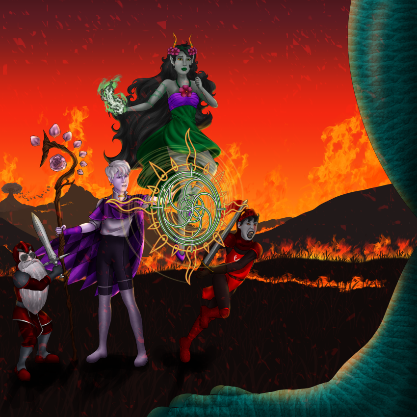 2025 aspect_powers caledfwlch cover_art dave_strider dungeons_and_dragons facial_hair fashion feferi_peixes fire flowers fullres karkat_vantas kettleskanvas paradox_space rose_lalonde sword weapon