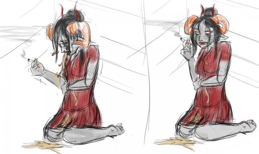 comic crying damara_megido dancestors dream_ghost kneeling sketch smoking solo vomit wolftacos