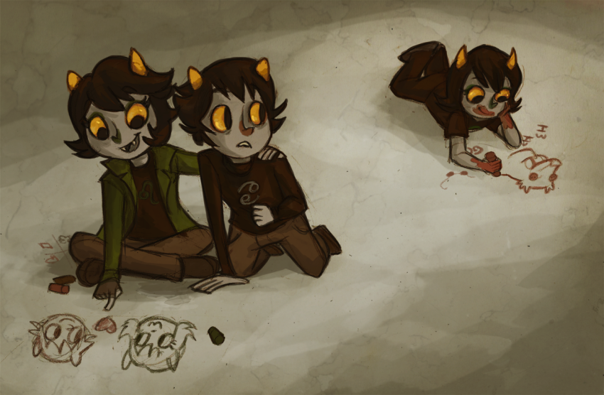 arm_around_shoulder chalk deerofsass diabetes karkat_vantas katnep nepeta_leijon no_glasses no_hat on_stomach seeing_terezi shipping terezi_pyrope