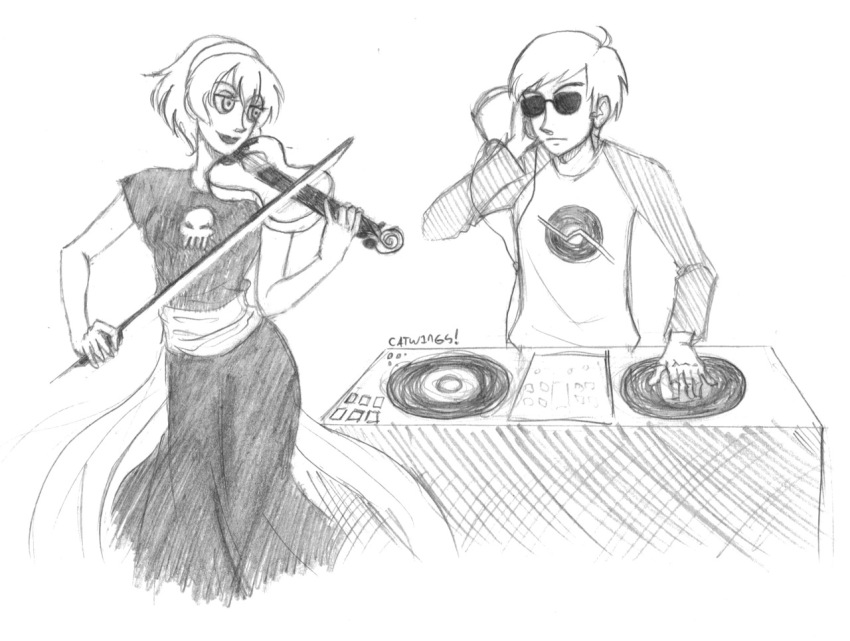 black_squiddle_dress catw1ngs dave_strider grayscale headphones instrument pencil red_baseball_tee rose_lalonde turntables violin