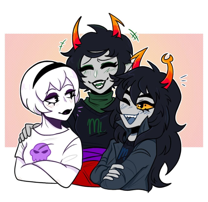 2022 arm_around_shoulder arms_crossed blue_rose blush fullres gash_sash kanaya_maryam multishipping no_glasses redrom rose_lalonde rosemary shipping spidermoth starter_outfit voidlace vriska_serket wonk