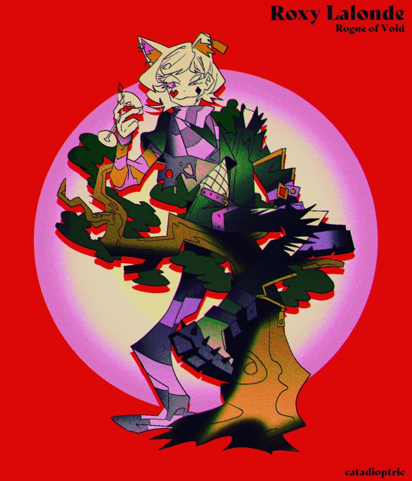 2023 alcohol alice_in_wonderland animal_ears beverage cata_dioptric cocktail_glass crossover diamond fashion formal fullres heart roxy_lalonde sitting solo text trees wonk