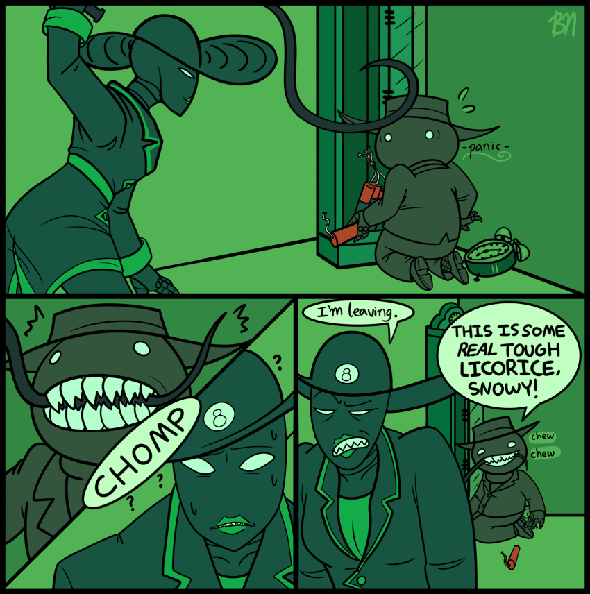 2025 ? back_angle bellnallart biting black_inches bq cd cd_with_a_mouth clock clubs_deuce comic explosives fullres headshot kneeling monochrome profile snowman starter_outfit strife sweat text whip word_balloon wut