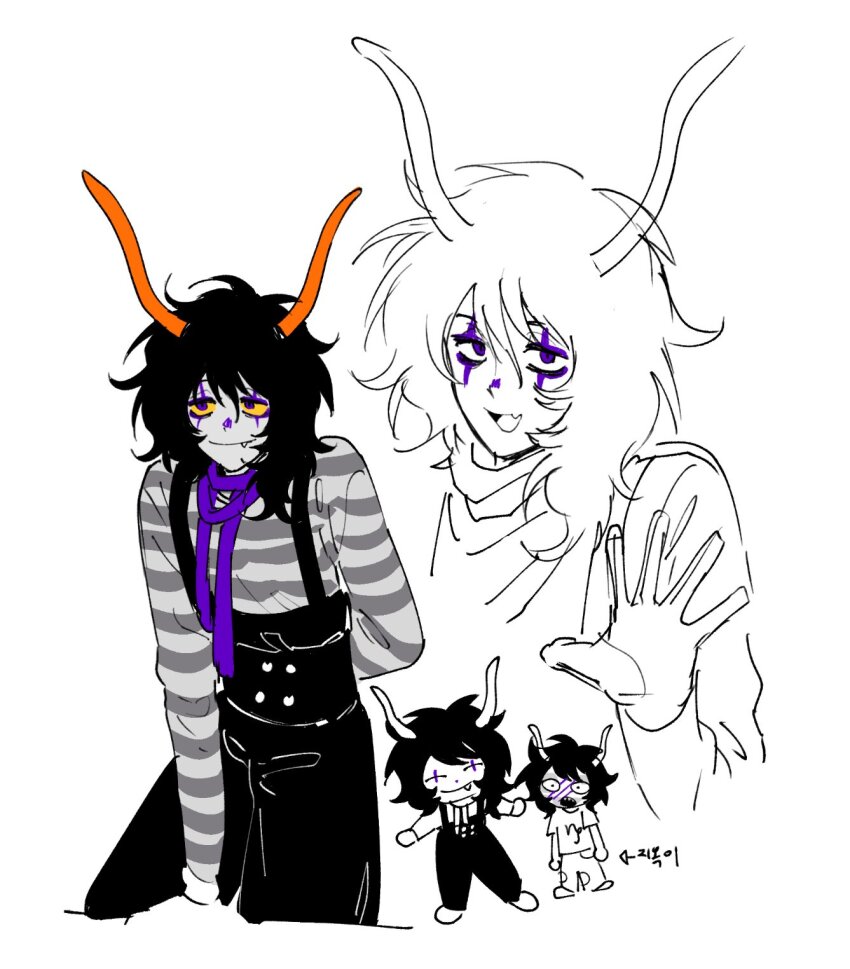 2025 ancestors art_dump beforus_ancestors bland_highblood fullres gamzee_makara grayscale highlight_color language:korean lineart makaras scars sketch starter_outfit text tiniming66