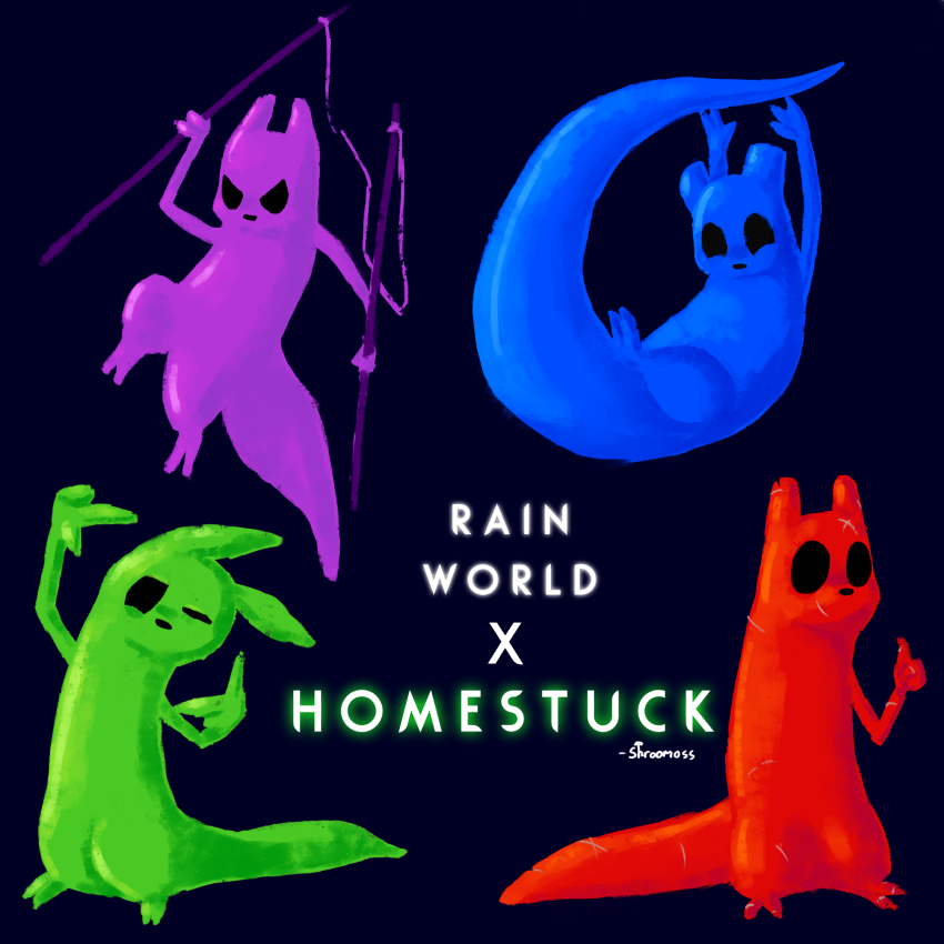 2023 animalstuck beta_kids crossover dave_strider fullres jade_harley john_egbert no_glasses rain_world rose_lalonde shroomoss text the_word_homestuck thumbs_up weapon
