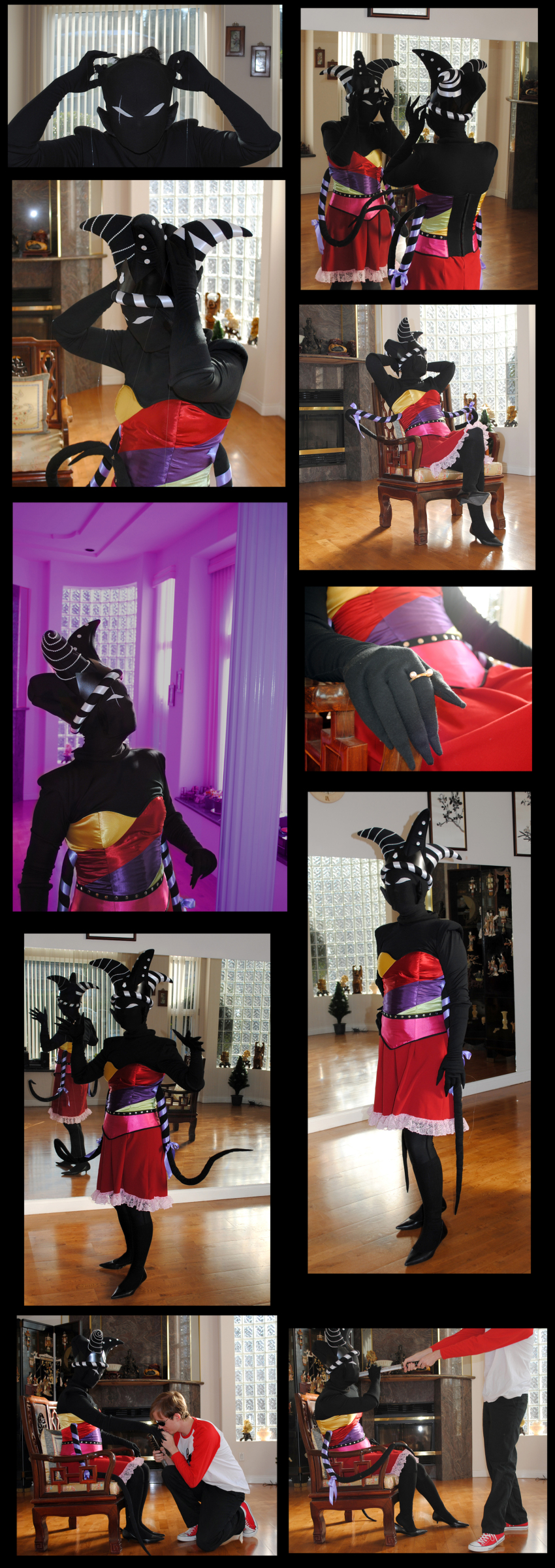 2011 black_queen bq cosplay dave_strider eyes5 fullres harlequin_uniform katana kneeling no_hat queen's_ring real_life red_baseball_tee sitting strife