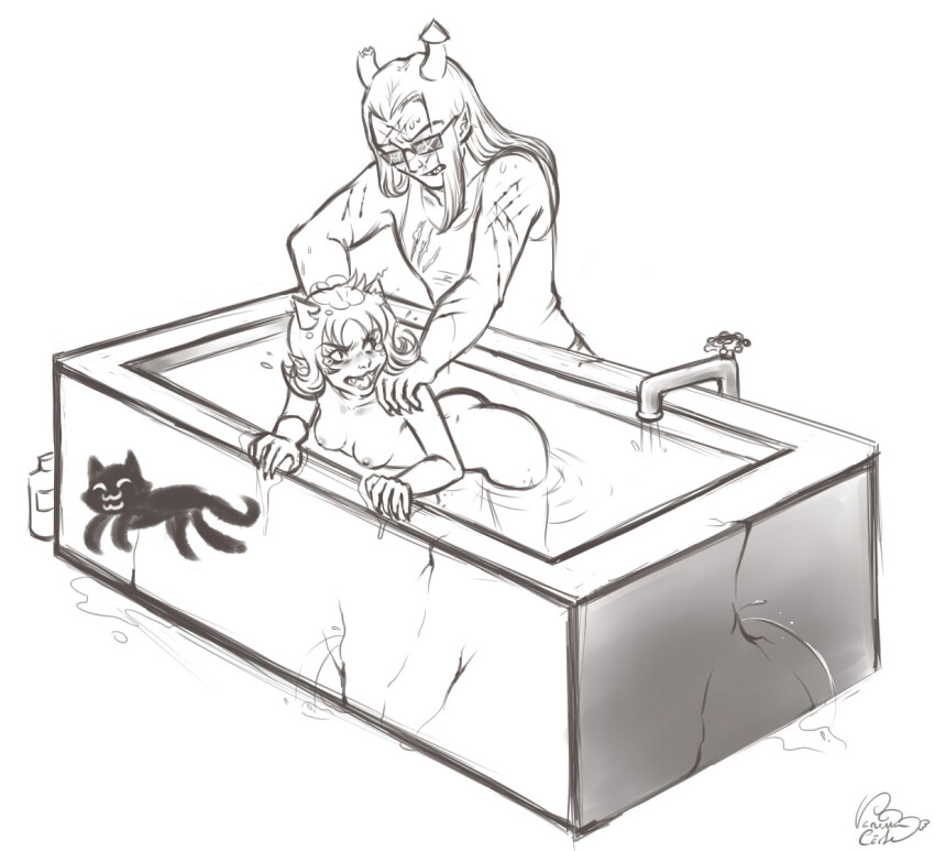 2011 bathing bathtub blood dubcon equius_zahhak fullres grayscale lusus meowrails monochrome nepeta_leijon no_hat nudity palerom pounce_de_leon shipping sketch starter_outfit strife sweat vanillavalerian