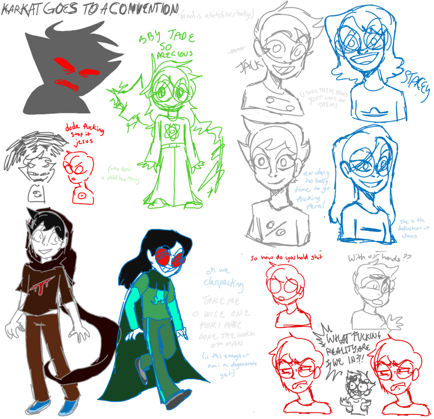 2020 becquerel blood_aspect dave_strider fanfic_art fullres godtier heir jack_(karkat_goes_to_a_convention) jade_harley karkat_goes_to_a_convention karkat_vantas knight mind_aspect rabble-dabble silhouette stacey_(karkat_goes_to_a_convention) starter_outfit text