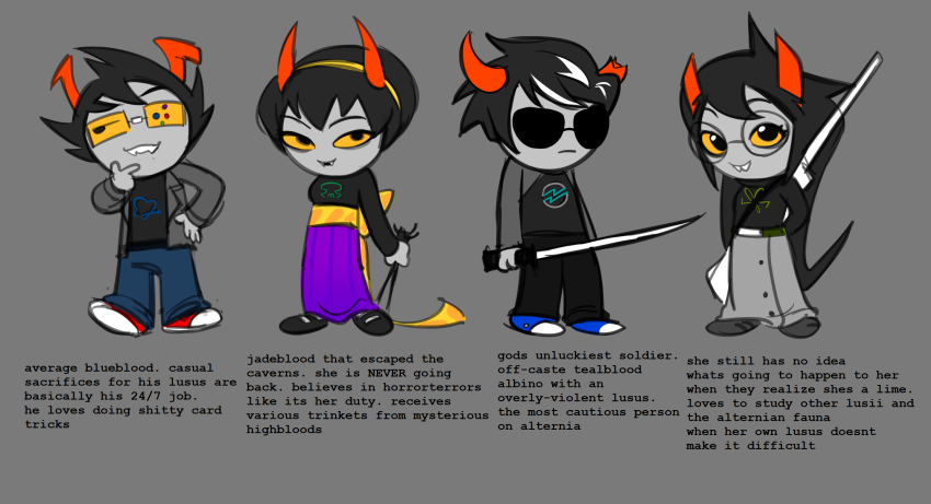2023 au beta_kids dave_strider fullres hunting_rifle jade_harley john_egbert ninja_sword red_baseball_tee rose_lalonde starter_outfit tentacletherapist text trollified velvet_squiddleknit vintagegamebro