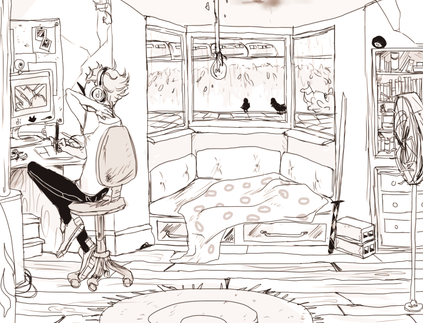 2013 animals beverage book computer cremena crows dirk's_house dirk_strider fan fullres grayscale headphones illustrating monochrome solo unbreakable_katana