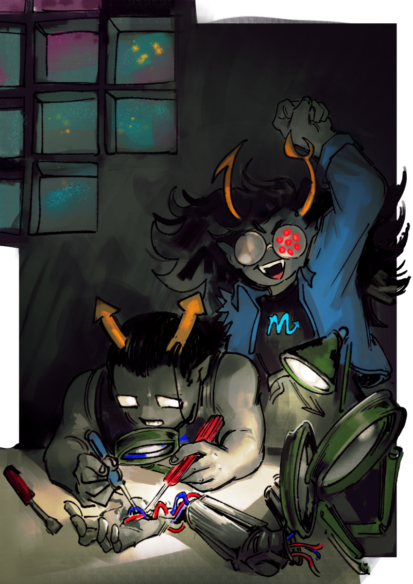 2024 amputation artificial_limb equius's_hive equius_zahhak eyepatch fullres hive illegal_vriska kringle-c night sitting stars starter_outfit sweat vriska_serket