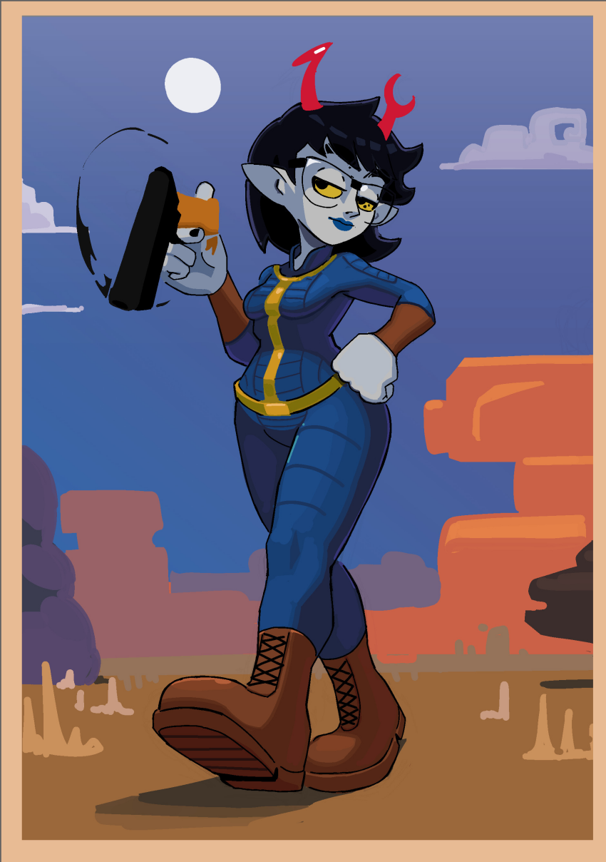 2025 aranea_serket clouds cosplay crossover dancestors fallout fullres gun jaggy_lines solo vhorgeus