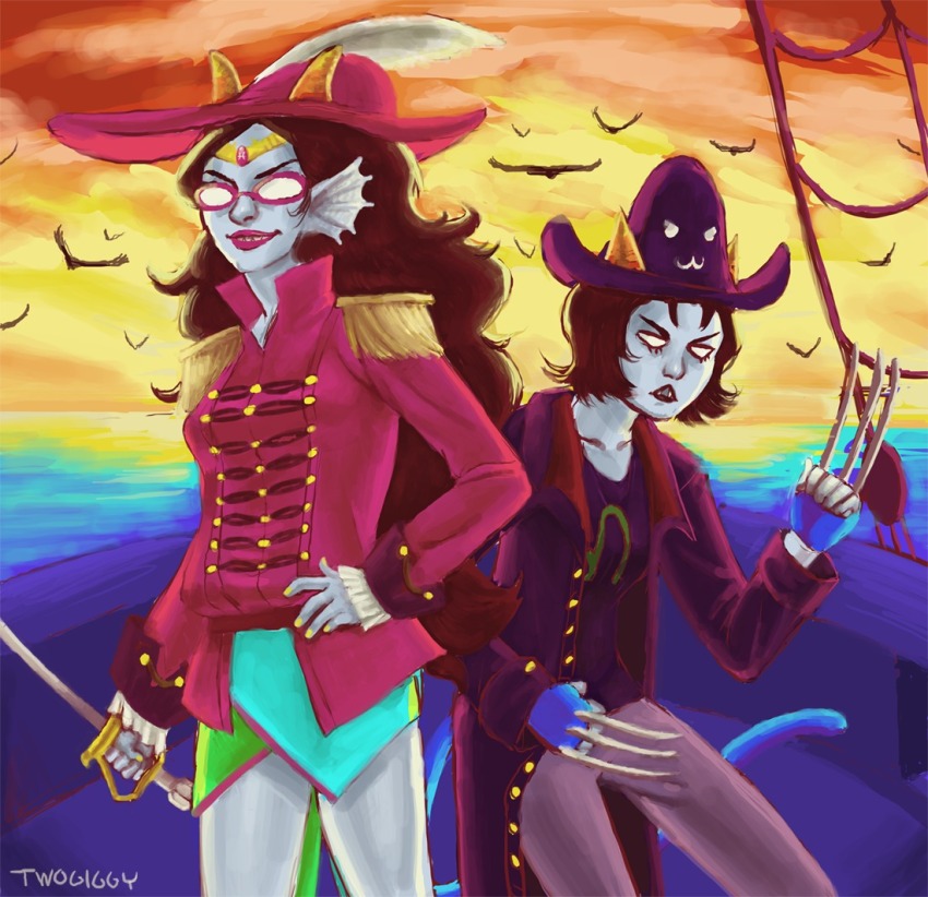 claw_gloves clouds commodore_coat dream_ghost feferi_peixes nepeta_leijon ocean rear_admiral_attire twogiggy
