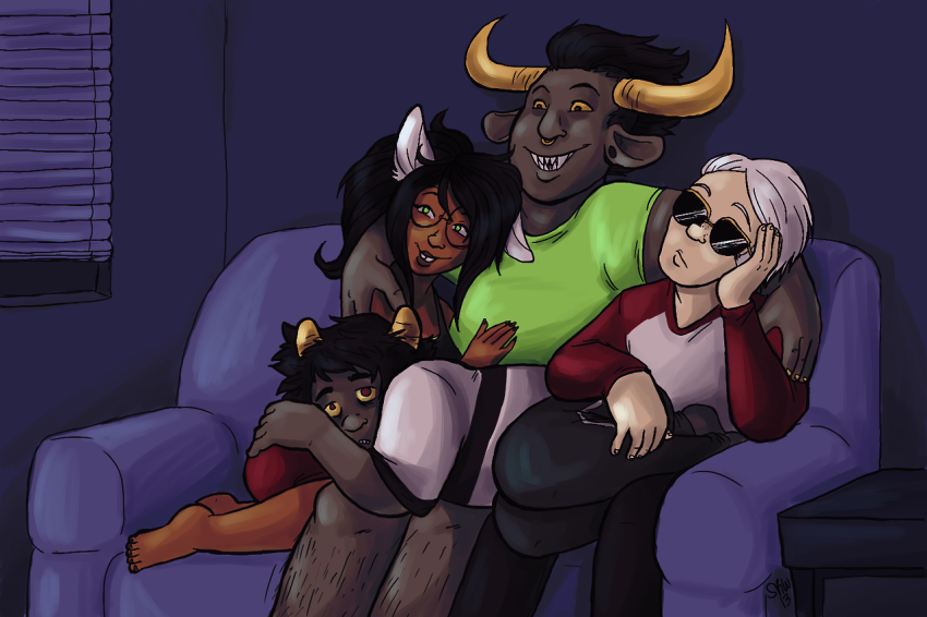 arm_around_shoulder body_modification bulldog couch dave_strider dogtier jade_harley karkat_vantas kats_and_dogs multishipping on_stomach red_baseball_tee red_bull red_knight_district s'mores shipping spacetime specialsari tavros_nitram
