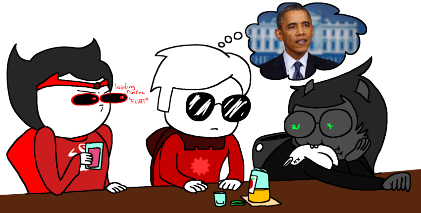 animals apple_juice barack_obama beverage crocker_corruption dave_strider dogtier godtier grimbark image_manipulation jade_harley jane_crocker knight life_aspect maid minute_maid redrom shipping skellyanon space_aspect spacetime thought_balloon time_aspect witch