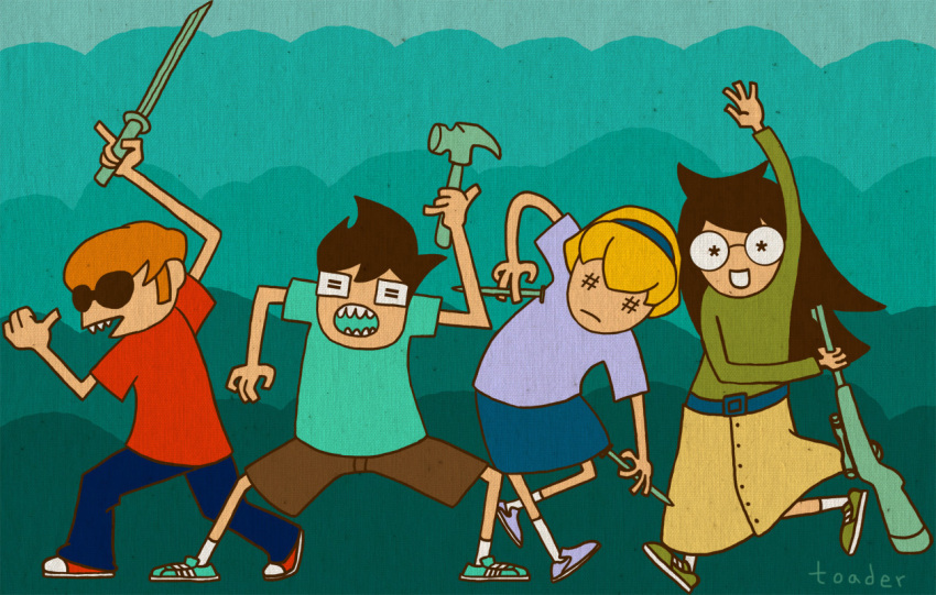 2010 beta_kids blue_slime_ghost_shirt claw_hammer dave_strider fullres green_atom_shirt hunting_rifle jade_harley john_egbert katana knitting_needles mauve_squiddle_shirt red_record_tee rose_lalonde toader