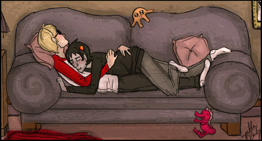 broken_source couch dave_strider karkat_vantas red_baseball_tee red_knight_district shipping sleeping smuppets squiddles