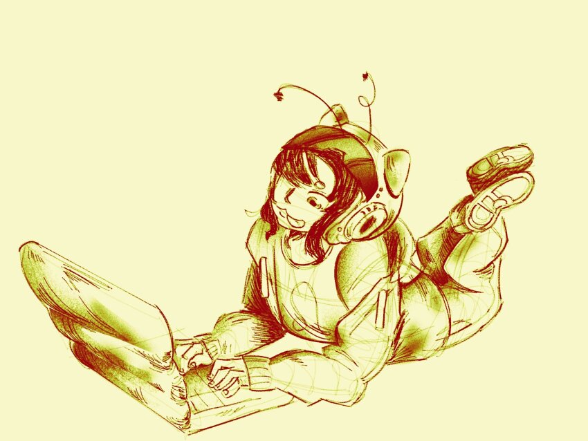 2026 cat_hat computer fullres lying monochrome nepeta_leijon on_stomach selimbie sketch solo starter_outfit wonk