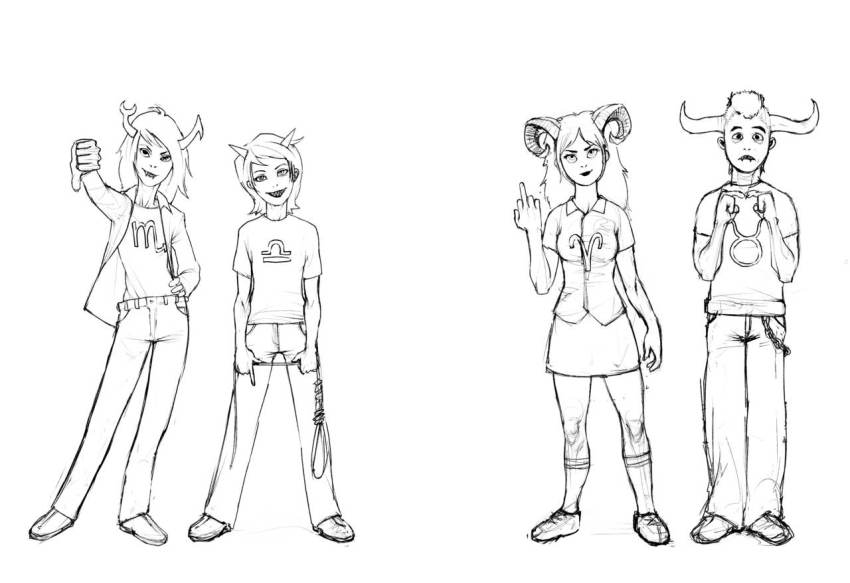 aradia_megido deleted_source grayscale no_glasses noose pencil scourge_sisters seeing_terezi tavros_nitram team_charge terezi_pyrope the_finger vriska_serket zaagn