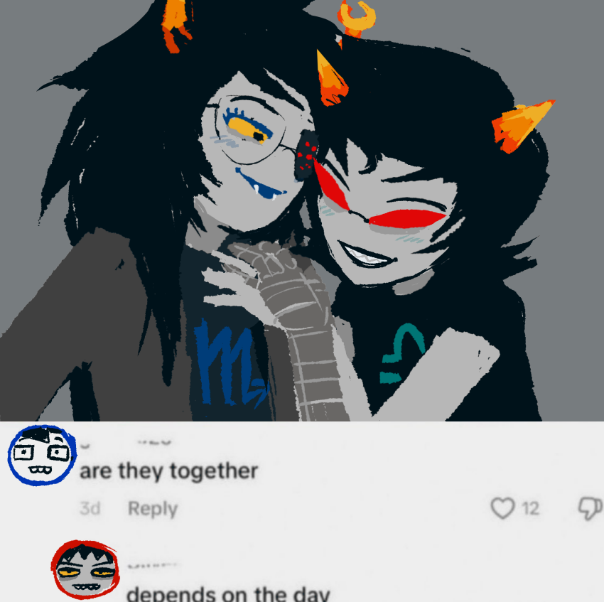 2025 artificial_limb blush chomplicated eyepatch fullres heart illegal_vriska john_egbert karkat_vantas parody redrom scourge_sisters shipping starter_outfit terezi_pyrope text thumbs_down tiktok vriska_serket