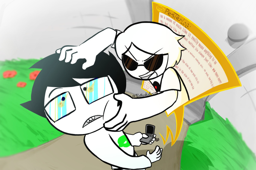 2025 dave_strider espejinesponjin flowers fullres high_angle homestuck:_the_animated_pilot john_egbert meteor panel_redraw pesterlog phone starter_outfit text word_balloon