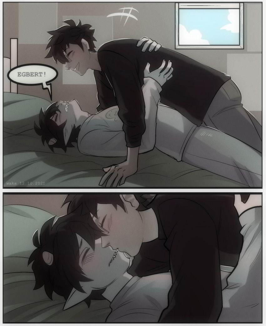 2025 bed blush clothingswap clouds comic communism fullres john_egbert karkat_vantas kiss no_glasses redrom shipping text wakaaniki1 word_balloon