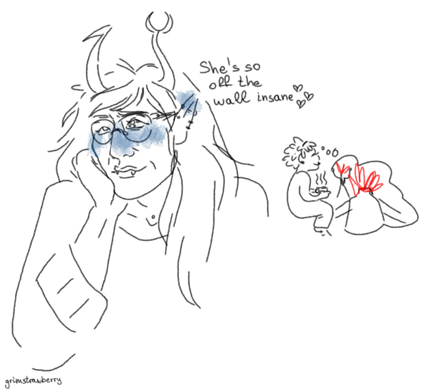 2023 beverage blood blue_rose blush body_modification decapitation gore grimstrawberry heart highlight_color lineart redrom rose_lalonde shipping sitting thought_balloon vriska_serket