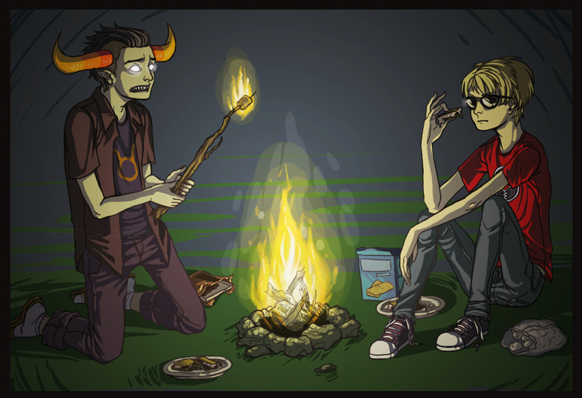 bromance dave_strider dream_ghost food hurr kneeling red_record_tee s'mores sitting tavros_nitram