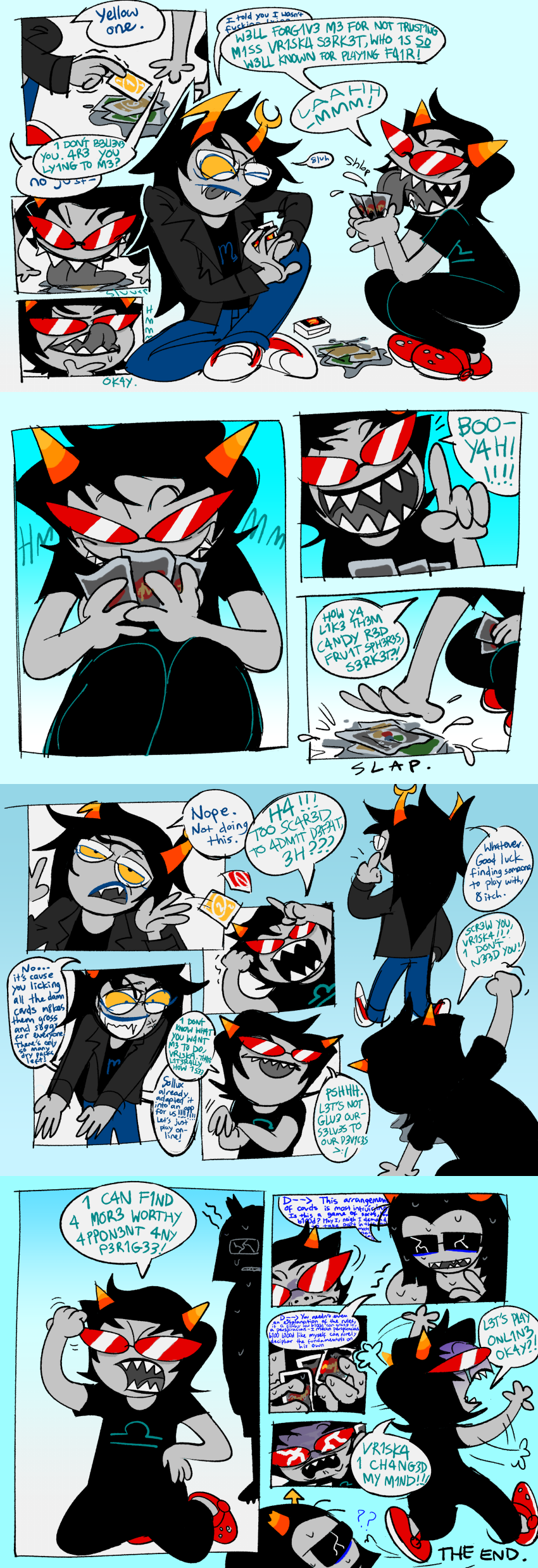 >:? 2023 ? card comic equius_zahhak fullres kneeling licking prosciuttoon scourge_sisters silhouette starter_outfit sweat terezi_pyrope text the_finger uno vriska_serket word_balloon