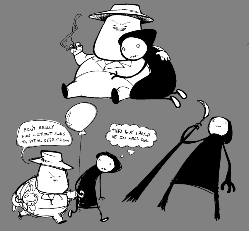 2025 arm_around_shoulder death disgruntledseabass fullres grayscale holding_hands hug jaggy_lines kiss_of_death mobster_kingpin native_source problem_sleuth_(adventure) redrom scythe shipping smoking text thought_balloon word_balloon