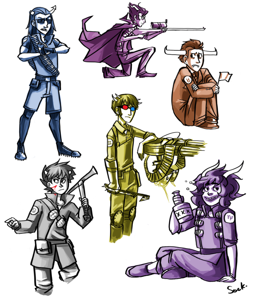 alcohol blood crossover deleted_source equius_zahhak eridan_ampora explosives fashion gamzee_makara highlight_color karkat_vantas luzerna monochrome sniper_rifle sollux_captor tavros_nitram team_fortress_2 weapon