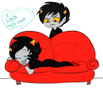 blush broken_source chibi-mimi couch heart karkat_vantas licking lying no_glasses on_stomach starter_outfit terezi_pyrope text word_balloon rating:Safe score:7 user:sync
