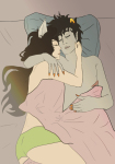 bed dogtier high_angle hug jade_harley karkat_vantas kats_and_dogs no_glasses redrom shipping sleeping soursips undergarments rating:Questionable score:8 user:Pie