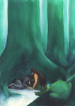 3_in_the_morning_dress head_on_lap jade_harley karkat_vantas land_of_frost_and_frogs trees watercolor rating:Safe score:3 user:sync