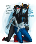 2013 blush chubstuck deleted_source kneeling redandblacktac reverse_hug rocket_boots scourge_sisters shipping starter_outfit terezi_pyrope text vriska_serket rating:Questionable score:8 user:Edfan32