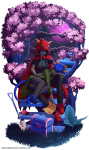 dragon_cape head_on_lap insecureillustrator nepeta_leijon no_glasses pink_moon redrom scratch_and_sniff shipping terezi_pyrope trees rating:Safe score:25 user:sync