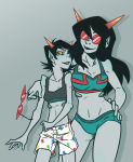 ancest arm_around_shoulder dancestors latula_pyrope no_glasses pyropes redrom request scalemate_boxers seeing_terezi shipping smell-o-vision syblatortue terezi_pyrope undergarments rating:Questionable score:23 user:Pie