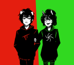 alternate_hair arm_in_arm aspect_hoodie blood_aspect dogtier jade_harley karkat_vantas kats_and_dogs limited_palette pixel redrom shipping space_aspect weronika rating:Safe score:7 user:sync