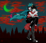 adorabloodthirsty alternia cane carrying clouds dragon_cape ghostsandchandeliers green_moon hug karkat_vantas meteor pink_moon shipping stars terezi_pyrope rating:Safe score:2 user:sync