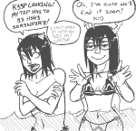  2012 fullres grayscale jaggy_lines light_aspect no_glasses no_shirt nsfw_source planetofjunk scourge_sisters summer swimsuit terezi_pyrope text vriska_serket word_balloon zodiac_symbol 