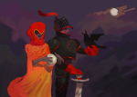  1800redpop 2019 au crows cueball dave_strider fashion fullres godtier knight light_aspect medieval moon night rose_lalonde seer siblings:daverose sword time_aspect weapon 