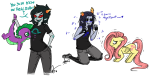  broken_source carrying crossover equius_zahhak fluttershy heart my_little_pony ponies squidbiscuit starter_outfit sweat terezi_pyrope text word_balloon 