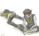  2013 barefoot captors dancestors fullres lying mituna_captor no_glasses no_hat on_stomach q-dormir sitting sollux_captor starter_outfit sweat 