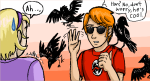  crows dave_strider mauve_squiddle_shirt red_record_tee rose_lalonde siblings:daverose source_needed sourcing_attempted starter_outfit word_balloon 