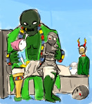 2012 andrew_hussie arms_crossed artificial_limb aurthour bed cairo_overcoat cosplay eyepatch fake_horns fullres hussiebot kaeips lord_english ms_paint no_hat roboslick sitting spades_slick starter_outfit