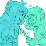  2016 alyykeavvylo artificial_limb blush eyepatch fullres highlight_color lineart monochrome redrom scourge_sisters shipping starter_outfit terezi_pyrope vriska_serket walking_cane 